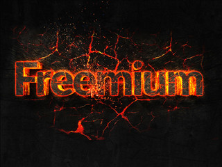 Freemium Fire text flame burning hot lava explosion background.