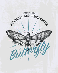 tee print butterfly, hawk moths or animal. t-shirt graphics design. Vector grunge background. vintage lettering and poster, print or banner. america typography. engraved hand drawn. insect with wings.