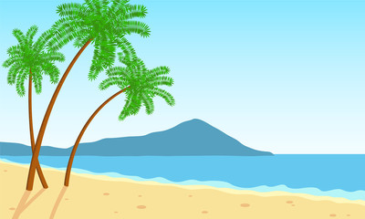Fototapeta na wymiar Three palm trees growing on the beach near the sea