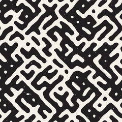 Vector Seamless Black And White Rounded Irregular Maze Pattern. Abstract Hand Drawn Background