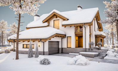 3d rendering of modern cozy house in chalet style