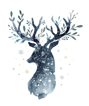 Watercolor closeup portrait of cute deer. Isolated on white background. Hand drawn christmas illustration. Greeting card animal winter design decoration