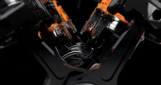 Slow Motion Close Up Working V8 Engine Animation With Explosions - Loop