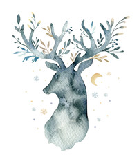 Watercolor closeup portrait of cute deer. Isolated on white background. Hand drawn christmas illustration. Greeting card animal winter design decoration