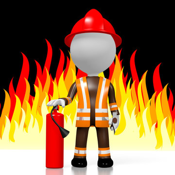 3D fireman with extinguisher, flames in background