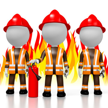 3D firemen, flames in background