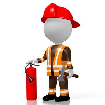 3D fireman with extinguisher, white background