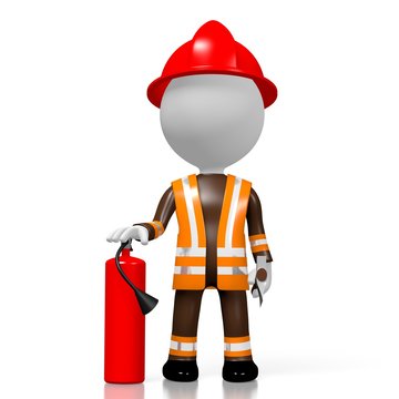 3D fireman with extinguisher, white background