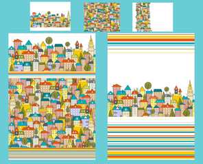 Cute teenager or kid bedding set with doodle city houses. Two duvet and three pillows. Happy bright palette. Vector illustration. All templates are seamless