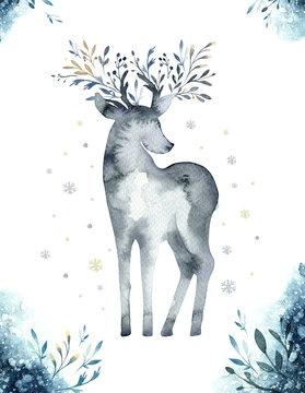 Watercolor closeup portrait of blue deer. Isolated on white background. Hand drawn christmas indigo illustration. Greeting card animal winter design decoration