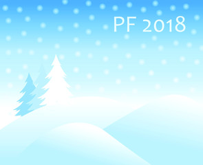 christmas winter landscape with snow covered hills and spruce tree with falling snow balls and text sign PF 2018 new year vector greeting card