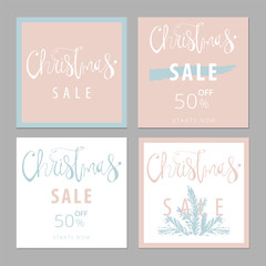 Set of Abstract Hand Drawn Universal Christmas Sale Brush Cards with Lettering and pine twigs. Pastel and gold. Vector graphic background