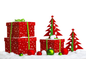 Christmas decor: balls and gifts on the snow