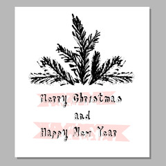 Merry Christmas Hand Drawn christmas tree branch and lettering isolated on white. Cute xmas holiday background for postcards, invitations, greeting cards, banners, posters, etc. Made in vector