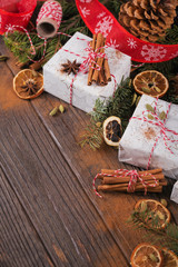 Christmas background with decorations and gift boxes