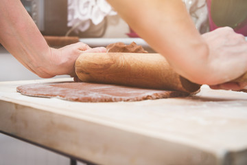 Christmas preparations. Cooking and baking concept. Kneading gingerbread, baking gingerbreads. A woman's hand rolling out the dough.