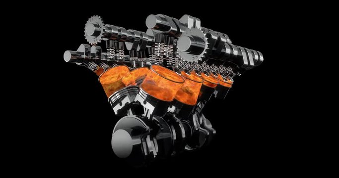 Slow Motion Rotating V8 Engine Animation With Explosions - Loop