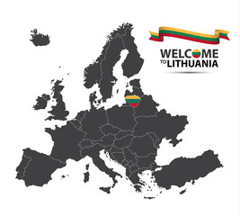 Fototapeta premium Vector illustration of a map of Europe with the state of Lithuania in the appearance of the Lithuanian flag and Lithuanian ribbon isolated on a white background