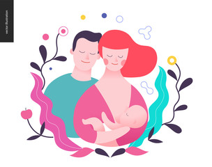 Reproduction - a breeding woman, baby and a man surrounded by plants