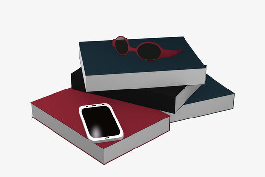 Bücherstapel auf dem ein Handy und eine Brille liegt.