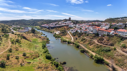 Obraz premium Aerial. The village of Mertola filmed with drone sky. Portugal Alentejo Guadiana