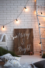 Merry christmas and new year brick wall background. white decor. Loft style