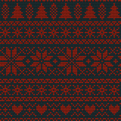 Seamless Christmas nordic knitting vector pattern with fir-trees, snowflakes, flowers or hearts