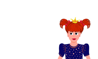 Illustration of beautiful red haired princess in blue dress with crown on her head. Vector illustration on white background.