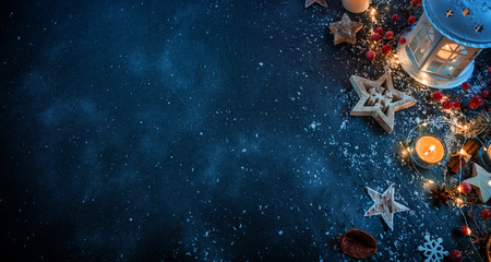 Christmas background with wooden decorations and candles. Free space for text.
