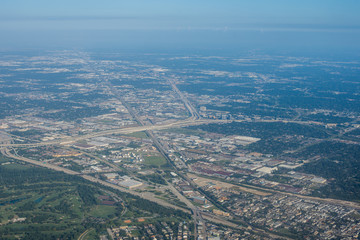 Metropolis Area of Houston, Texas Suburbs from Above in an Airplane