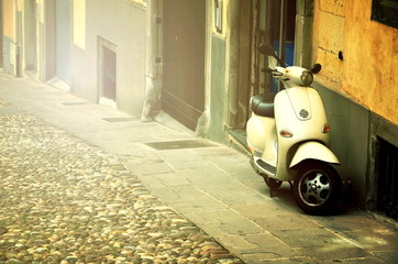 Rome, Italy - November 14, 2017: Group of Scooter parked on old street in Rome, Italy