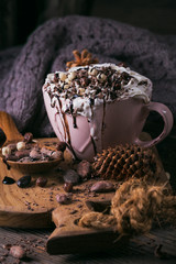 Christmas or New Year composition with hot chocolate or cocoa drink with whipped cream