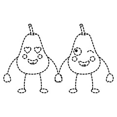 pears holding hands in love wink happy fruit kawaii icon image vector illustration design  black dotted line