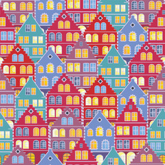 Full color seamless pattern with the image of the houses of the old town. Vector background.