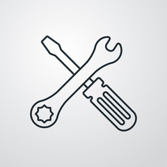 Icono plano linea destornillador y llave en fondo degradado