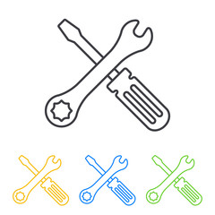 Icono plano linea destornillador y llave en varios colores