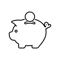 Icono plano linea hucha cerdito con moneda negro en fondo blanco