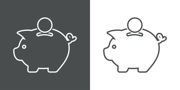 Icono plano linea hucha cerdito con moneda gris y blanco