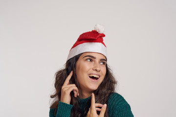 woman looking at free space for copy, light background, new year, winter