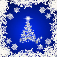 Abstract background with white christmas tree , snowflakes and stars. Illustration in blue and white colors.