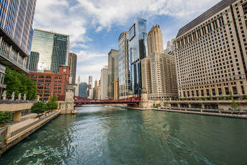 Fototapeta na wymiar Northern Chicago River Riverwalk on North Branch Chicago River in Chicago, Illinois
