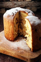 Classic panettone with dried fruit ,traditional Italian Christmas cake