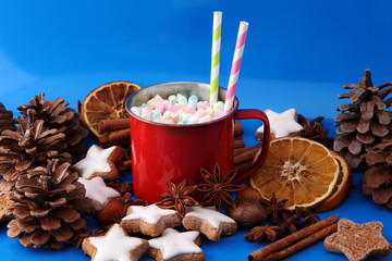 Enamel cup of hot cocoa with marshmallows and candy canes. Could also be coffee. Perfect winter time treat.