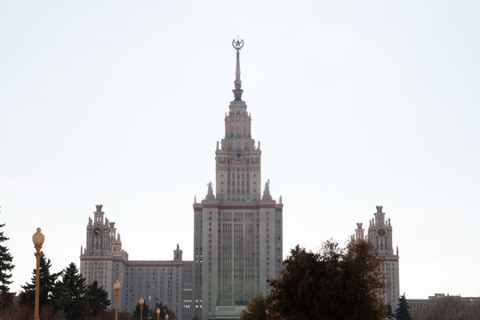 Moscow State University building in Russian capital front view in winter day