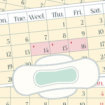 Menstruation period pain protection. Feminine hygiene, monthlies rainy days. A calendar with the menstrual days marks and menstrual pad. Vector illustration of blood period calendar with blood drops