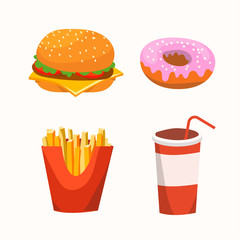 Fast food with burger, drink in a glass, donuts, French fries. Set of fast food.  Vector illustration 