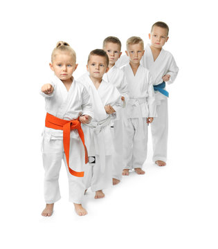 Little children practicing karate on white background