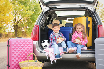 Cute children sitting in car trunk, outdoors