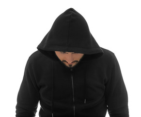 Fototapeta na wymiar Hacker in hood on white background