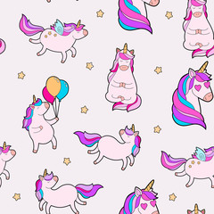 Cute fat unicorn pattern. Unicorn seamless pattern vector child design.